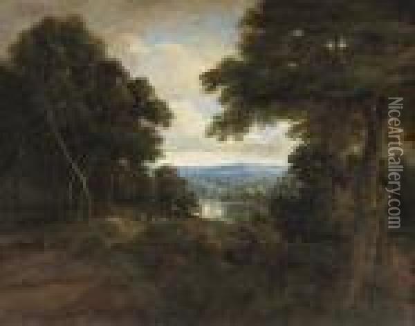 An Extensive Wooded Landscape With Travellers On A Path Oil Painting - Jaques D'Arthois