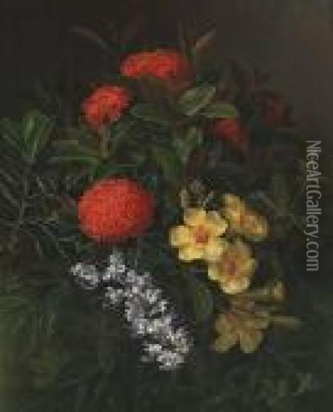 Allemanda, Ixora And Orchids Oil Painting - Johan Laurentz Jensen
