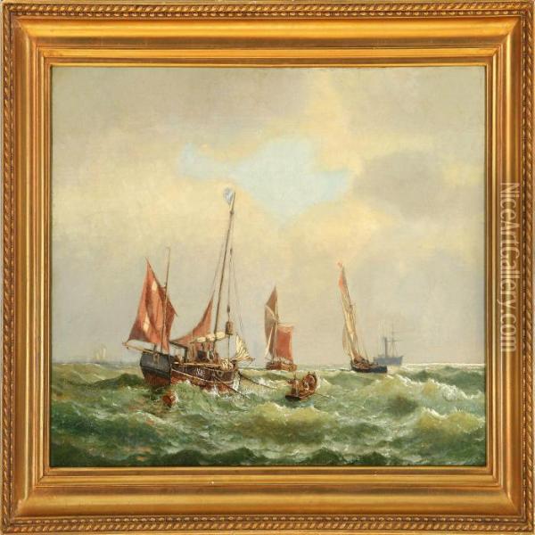 Marine With Fishing Boats And Others Ships On Open Sea Oil Painting - Carl Johan Neumann