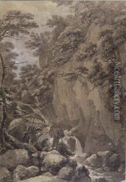 Sir George Beaumont and Joseph Farington painting a waterfall Oil Painting - Thomas Hearne