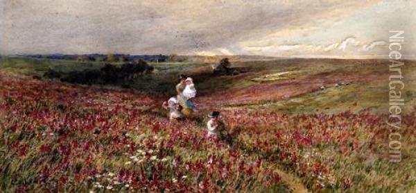 Mother And Children In A Wild Flower Meadow Before A Landscape Oil Painting - Charles James Lewis