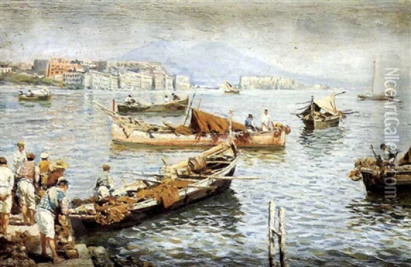 Bay Of Naples With Vesuvius Beyond Oil Painting - Attilio Pratella