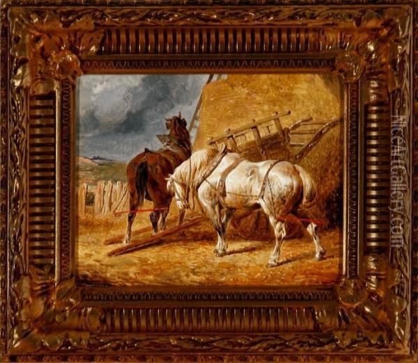 Two Horses By A Carriage Oil Painting - John Frederick Herring Snr