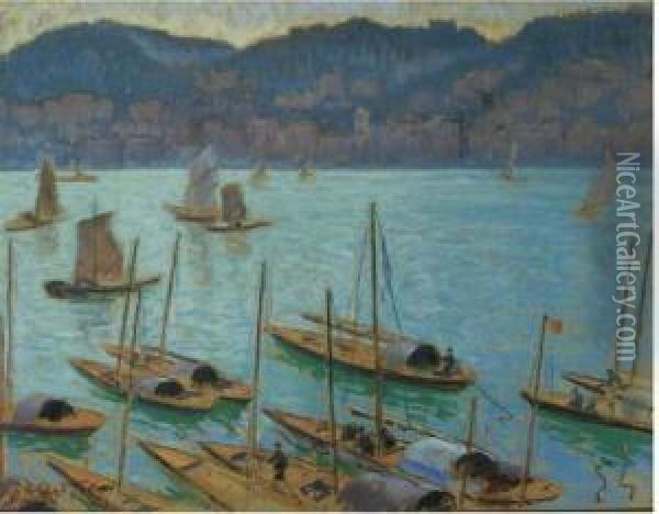 Junks In Hong Kong Harbor With A View Of Kowloon Across Thewater Oil Painting - William Samuel Horton