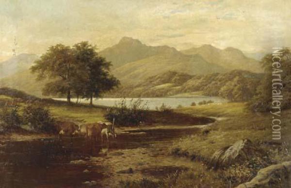 Cows Fording A Stream In A Mountainous Landscape Oil Painting - Thomas Spinks