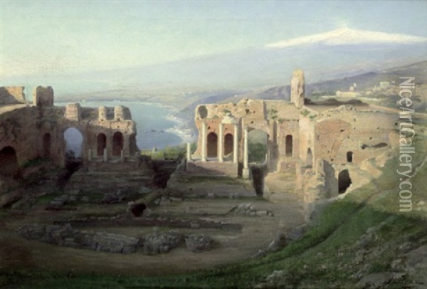 Das Antike Theater Von Taormina Mit Blick Auf Den Atna Oil Painting - Alfred Boehm