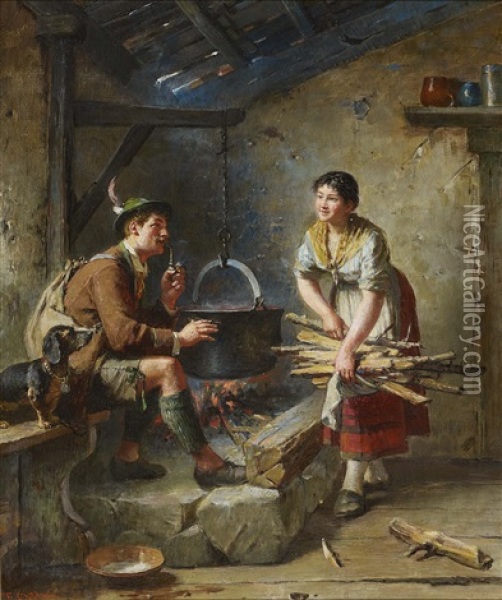 Hunter And Girl In The Kitchen Oil Painting - Friedrich Ortlieb