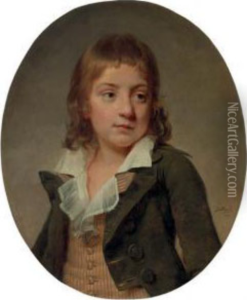 Portrait Of A Young Boy, Bust Length, In A Striped Vest And Grey Jacket Oil Painting - Martin Drolling Oberbergheim