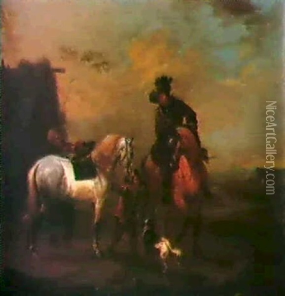 Zwei Reiter Vor Einem Bauernhaus. Oil Painting - August Querfurt