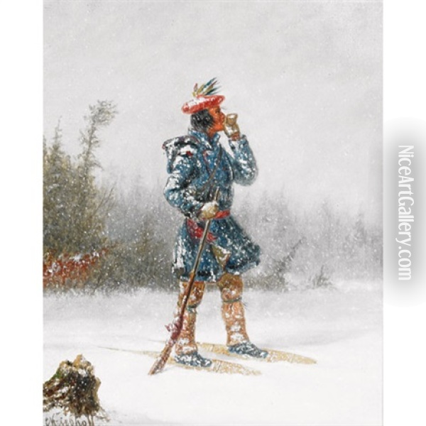 Indian Hunter On Snowshoes Oil Painting - Cornelius David Krieghoff