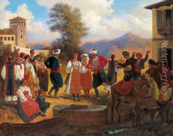 Hochzeitsgesellschaft Von Montenegrinern In Den Bergen Zwischen Dubrovnik Und Herzeg Novi Oil Painting - Salomon Emanuel Mirohorsky