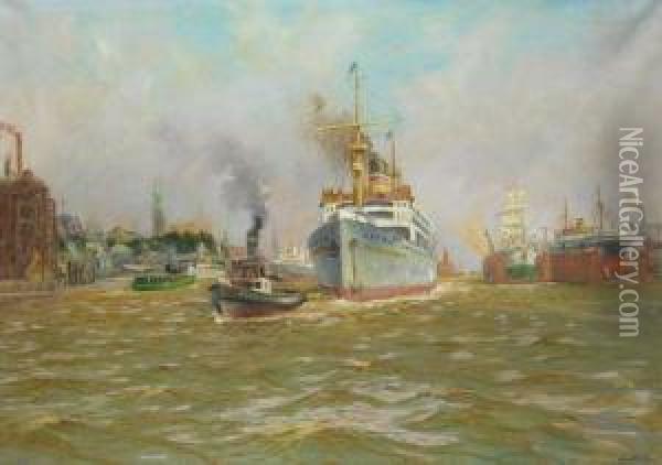 Der Dampfer Adolph Woermann Verlasst Den Hamburger Hafen Oil Painting - Hans Bohrdt