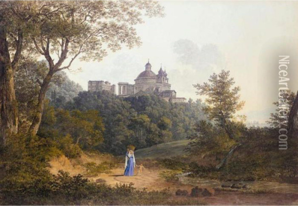 View Through Trees To The Church
 Of Sta Maria Dell'assunzione And The Palazzo Chigi At Ariccia Oil Painting - Henri Knip