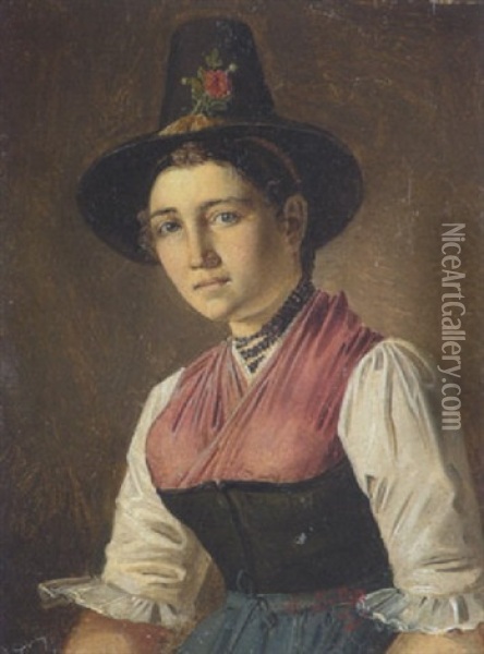 Junges Madchen In Oberbayerischer Tracht (aus Der Jachenau?) Oil Painting - Moritz Mueller the Elder