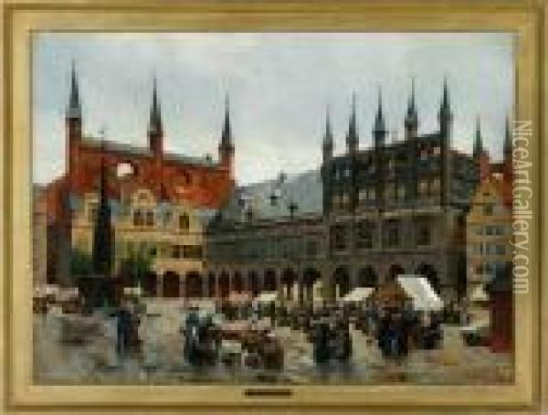 The Square In Lubeck Oil Painting - August Fischer