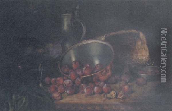 Plums In A Copper Saucepan, A Basket, A Pewter Jug, And A Glass Of Figs On A Table Oil Painting - August Herrmann Allgau