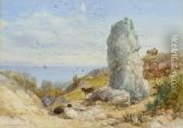The Long Stone, Mottistone, Isle Of Wight; Brook Chine, Isle Of Wight Oil Painting - James Burrell-Smith
