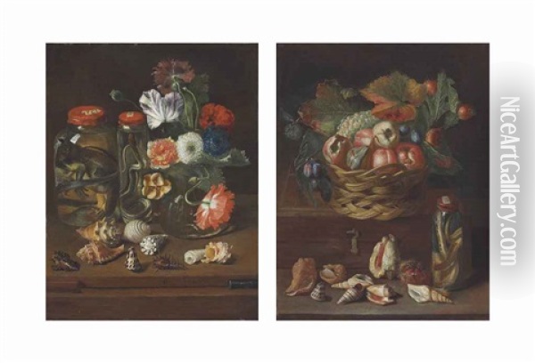 Flowers In A Glass Vase With Reptiles In Preserve Jars And Shells On A Wooden Table; Fruit In A Wicker Basket With A Snake (pair) Oil Painting - Peter (Petrus) Snyers