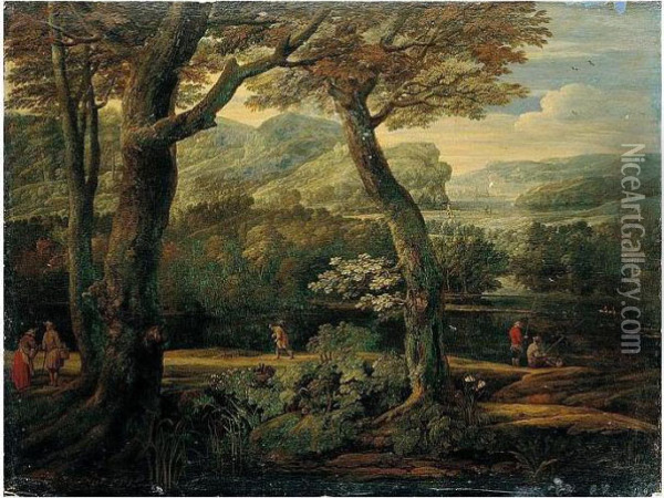 A Wooded River Landscape With Two Men Fishing, A Traveller, And Two Figures Conversing Oil Painting - Eglon Hendrick Van Der Neer