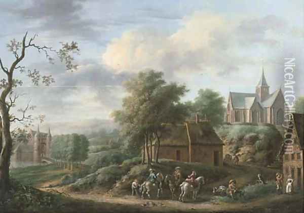 A wooded landscape with a riding party on a track near an inn, a castle and a church beyond Oil Painting - Frans Wouters