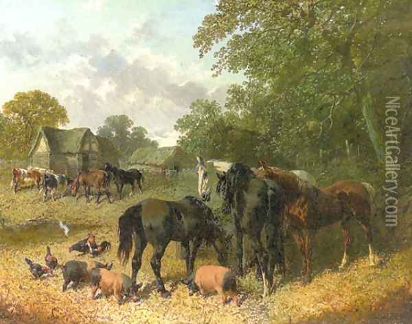 Horses Cattle Berkshire Saddlebacks and Chickens Oil Painting - John Frederick Herring Snr