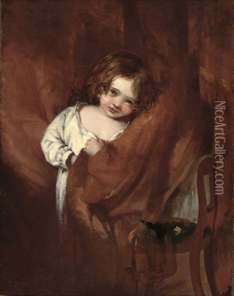 Young Child Hiding Behind A Curtain (study) Oil Painting - George Hayter