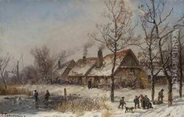 Wintervergnugen Vor Dem
 Dorf. Oil Painting - Adolf Stademann