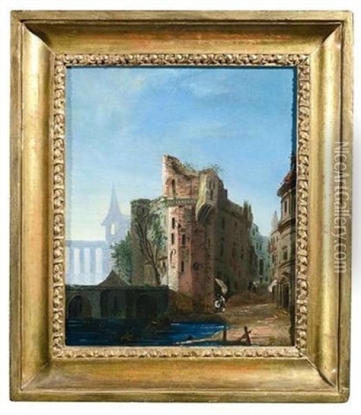 Capriccio Mit Einem Hafen Am Ufer Oil Painting - Marco Ricci