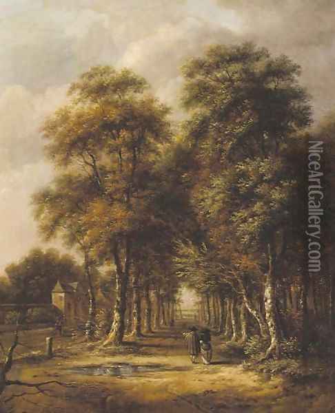 An avenue of trees with an elegant couple walking Oil Painting - Jan Hackaert