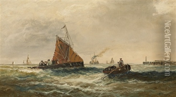 Sea Landscape With Sailing-ships And A Steamer Oil Painting - Edwin Hayes