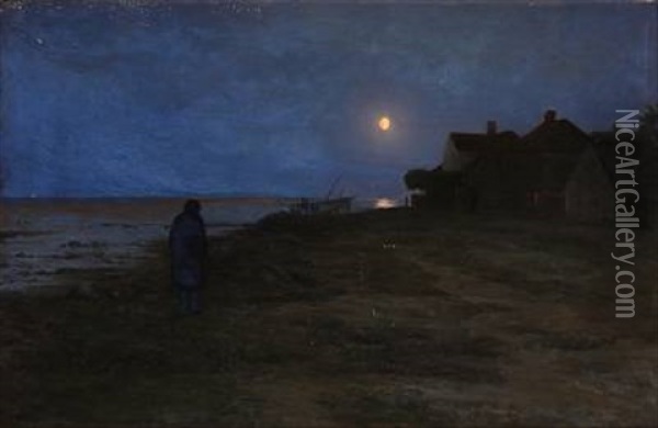 Coastal Scene From Dragor In Denmark At Moonlight Oil Painting - Carl Christian Ferdinand Wentorf
