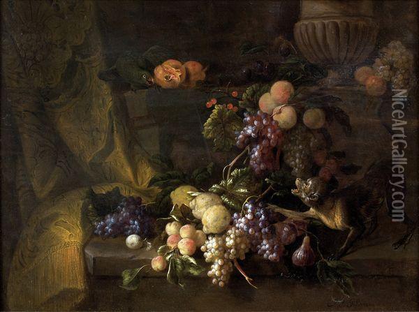 Nature Morte Aux Raisins, Singe Et Perroquet Oil Painting - Jan Pauwel Ii Gillemans