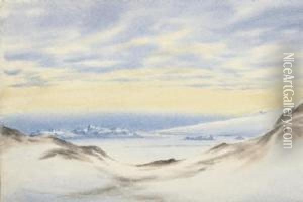 Rocky Islets And Slopes Of Erebus, Mcmurdo Strait, 25 April 1903 Oil Painting - Edward Adrian Wilson