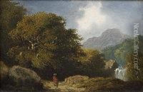 Wooded Mountain Landscape With Figure And Waterfall Oil Painting - James Arthur O'Connor