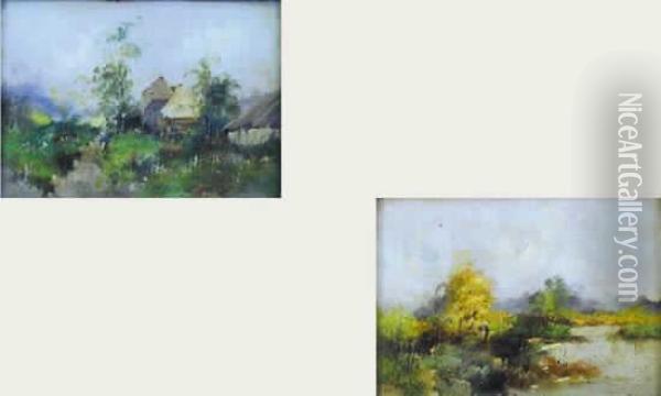Serie De 2 Paysages De Normandie. Oil Painting - Eugene Galien-Laloue