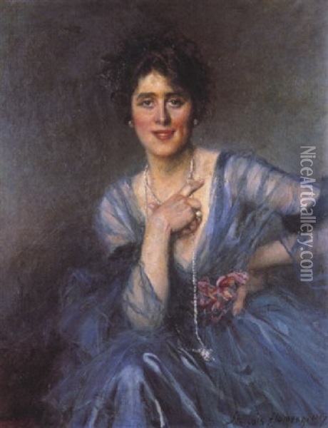 Portrait De Femme A La Robe Bleue Oil Painting - Francois Flameng