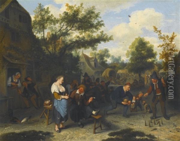 Peasants Playing Skittles Before An Inn Oil Painting - Cornelis Dusart