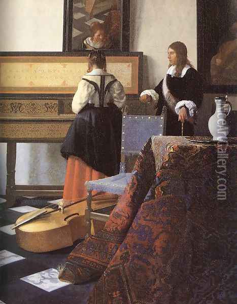 A Lady at the Virginals with a Gentleman (detail-1) 1662-65 Oil Painting - Jan Vermeer Van Delft
