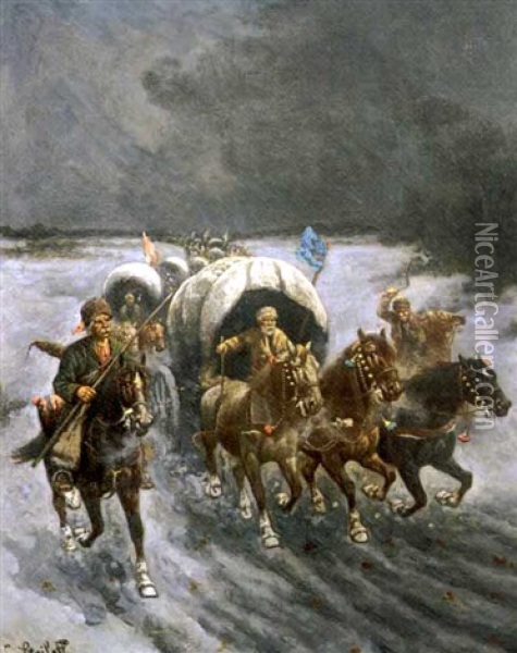 Russian Caravans In The Snow Oil Painting - Adolf (Constantin) Baumgartner-Stoiloff