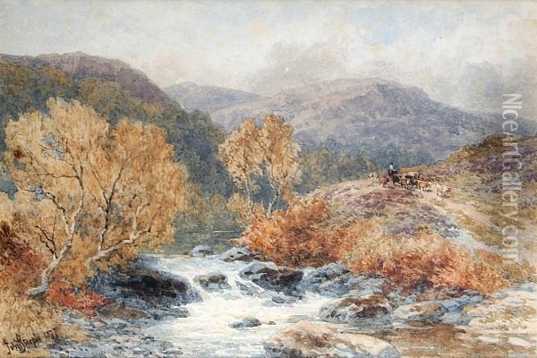 An Autumnal River Landscape, With Cattle On A Hillside, Probably In Wales Oil Painting - John Steeple