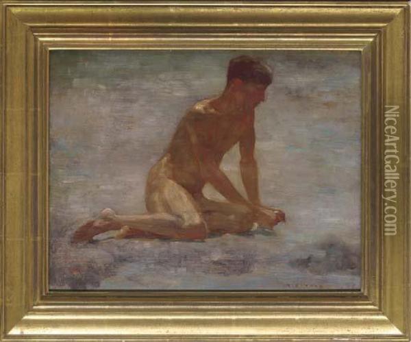 Study Of A Seated Bather Oil Painting - Henry Scott Tuke