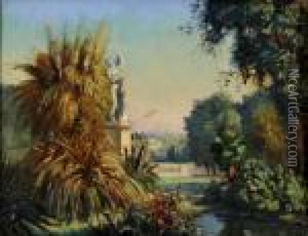 A Tropical Garden Landscape Oil Painting - Thomas E. Mostyn