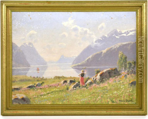 Woman Looking Over A Mountain Lake Oil Painting - Hans Dahl