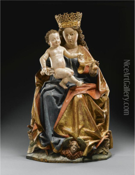 A Gilt And Painted Wood Three-quarter Length Limewood Relief Of Thevirgin And Child Oil Painting - Friedrich Pacher