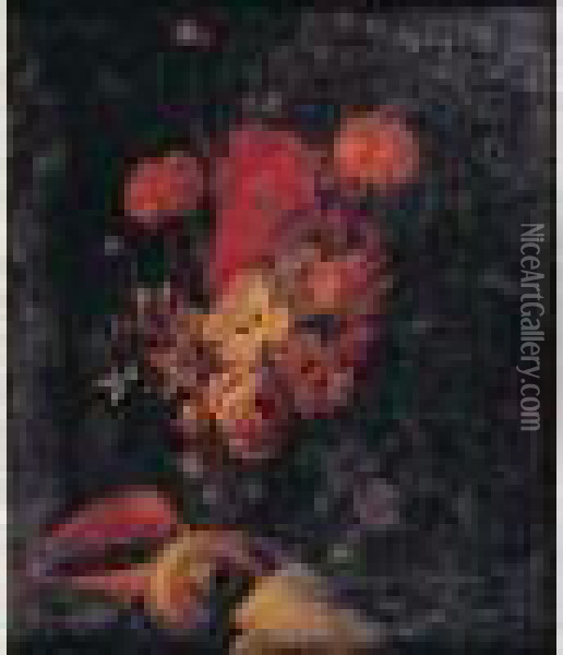 Nature Morte Au Bouquet De Fleurs, Coquillages Et Partitions De
 Musique Oil Painting - Caspar Pieter I Verbrugghen