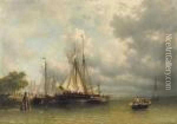 Sailing Boats Moored At A Busy Quay Oil Painting - Antonie Waldorp