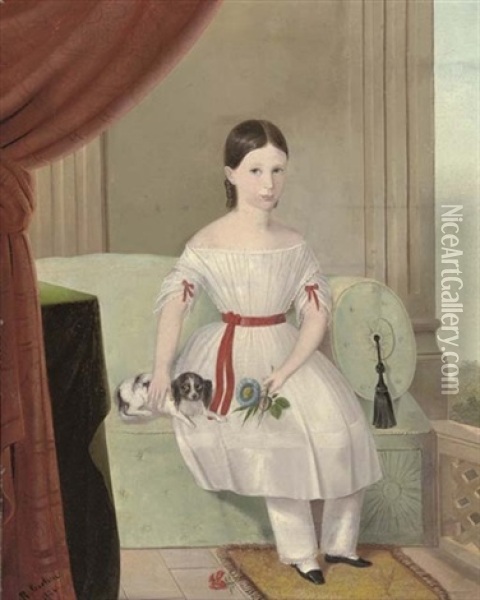 Portrait Of A Young Girl In A White Dress And Red Sash, A Spaniel To Her Side Oil Painting - Rudolph Carlsen