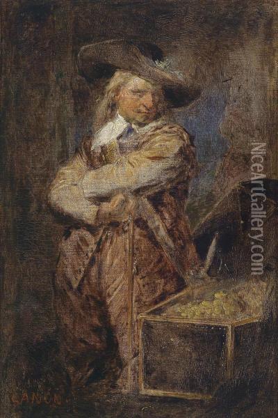 A Man In Period Costume From The Time Of Oliver Cromwell Standing Next To An Open Treasure Chest Oil Painting - Hans (Johann von Strasiripka) Canon