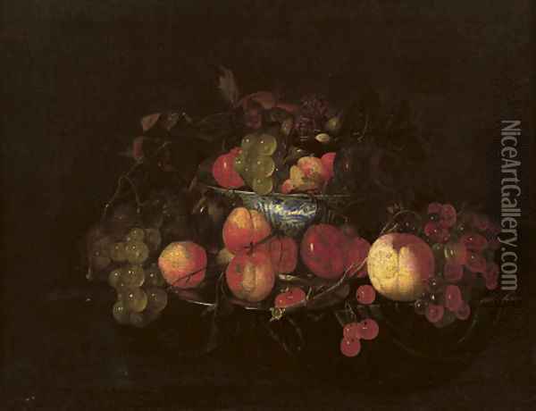A silver plate with peaches and cherries Oil Painting - Cornelis De Heem