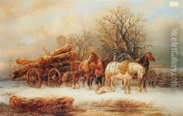 Snow Scene With Log Cart Oil Painting - Alexis de Leeuw